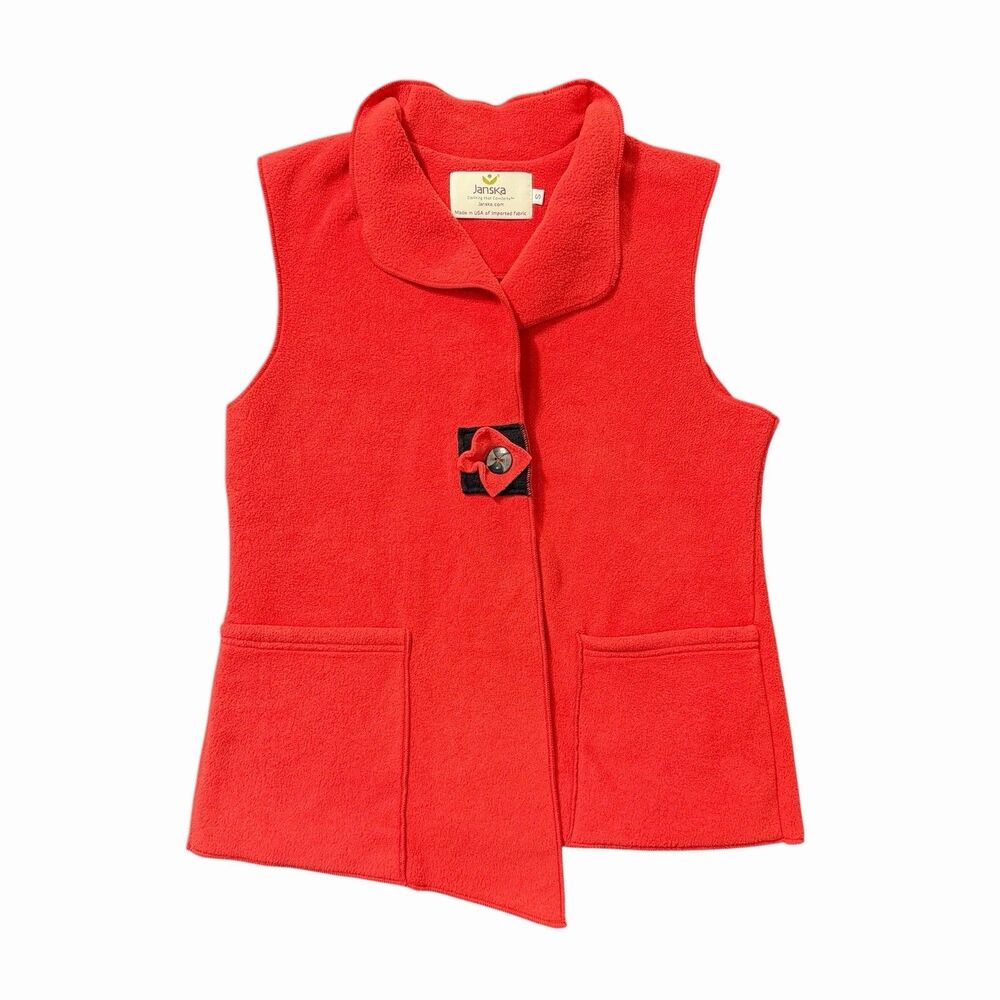 Janska Vest Womens Small Red Fleece 1 Button Front‎ Pockets Sleeveless Artsy USA